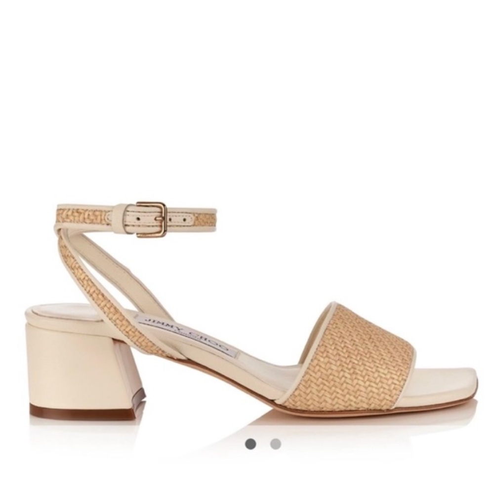 Jimmy Choo - Raffia & Leather Block Heel Sandal. Size 40